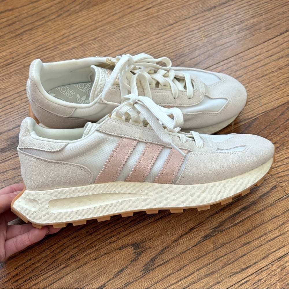 adidas Women's Cream Sneakers with Pink Stripes - Picture 1 of 8